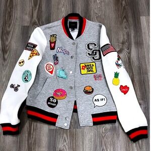 Crafted Forever 21 Womens Patch Varsity Bomber Jacket Grey White Snap Front M